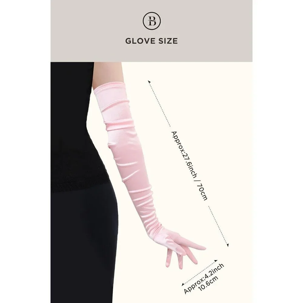 Women's Long Satin Gloves Baby Pink Stretchy Upper Arm Length Costume Design